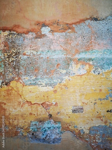 Obraz Abstract, Texture and Grunge Background of color stain, green, yellow, pink peeling paint on old concrete wall.