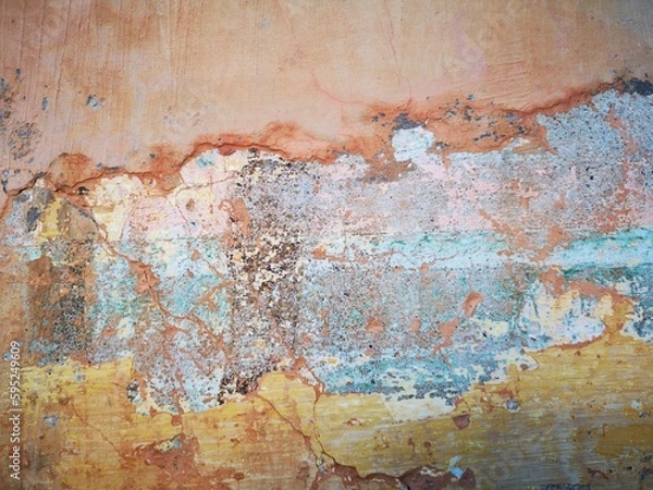 Obraz Abstract, Texture and Grunge Background of color stain, green, yellow, pink peeling paint on old concrete wall.