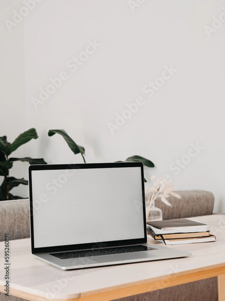 Fototapeta Home office background with copy space mock up laptop