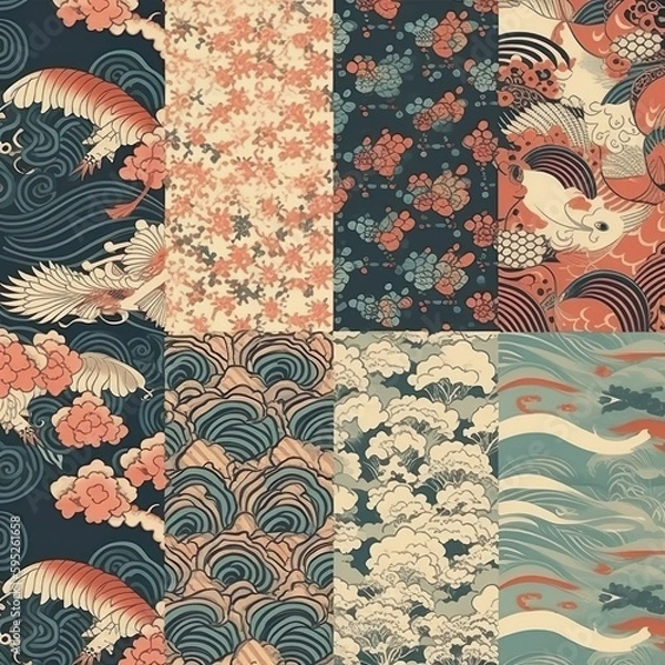 Fototapeta Japanese seamless pattern collection, Decorative wallpaper - Generative AI, Generative, KI