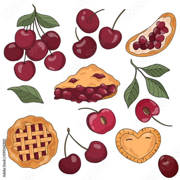 Fototapeta Cute vector set with cherry berry and pastry: pie, cookie, toast