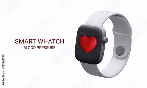 Fototapeta Blood pressure concept. 3D render wireless smart watch with red heart. Arterial pressure measuring or checking apps. Vector realistic 3 D illustration.