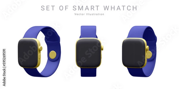 Fototapeta Set of 3d realistic colorful smart watch in different position isolated on white background. Vector illustration