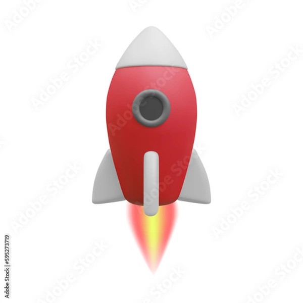 Fototapeta 3D Cartoon rocket isolated on white background. .Rocket Icon for Graphic Design Projects..Space  launch, Rocket product cover, Startup creative idea, Vector illustration