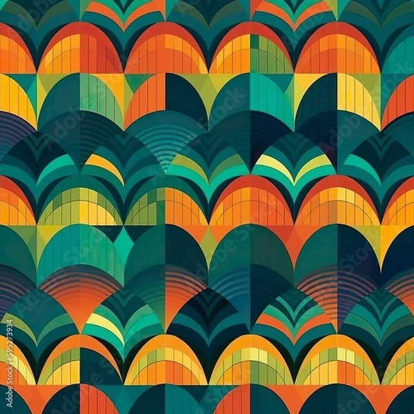 Fototapeta A mesmerizing, vector seamless pattern filled with an assortment of striped geometric elements, including arcs, chevrons, and spirals, constructing an attention-grabbing abstract texture. - Generative