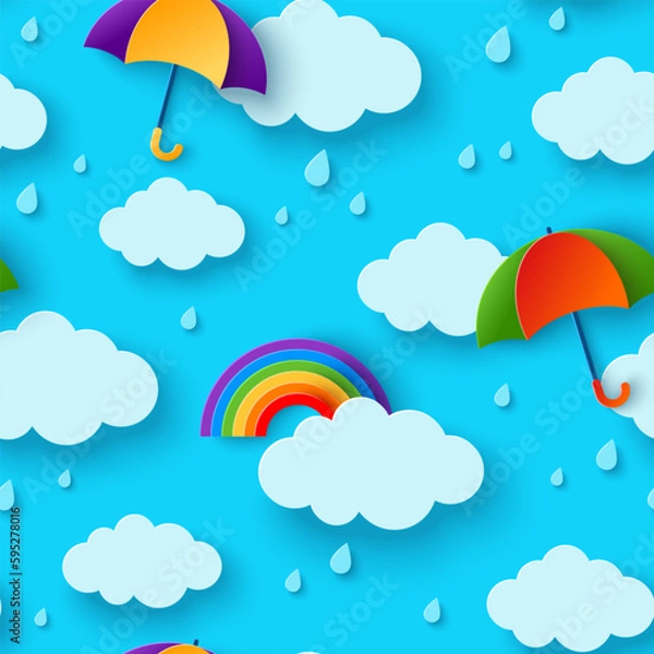 Fototapeta Seamless pattern beautiful fluffy clouds, colorful umbrella on blue background with rainbow. Vector illustration. Paper cut children style. Overcast sky with rain, monsoon season, weather wallpaper