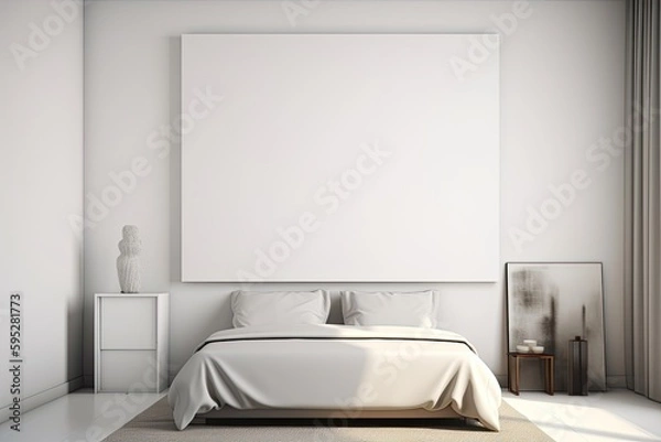 Fototapeta Modern minimalistic light bedroom with a large blank frame on the wall. Mockup template created using generative AI tools
