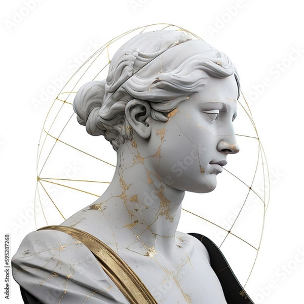 Fototapeta Une sculpture en marbre, statue d'une personne stoïcienne grecque ou romaine, représentant le stoïcisme. Avec de l'or et du noir, kintsugi