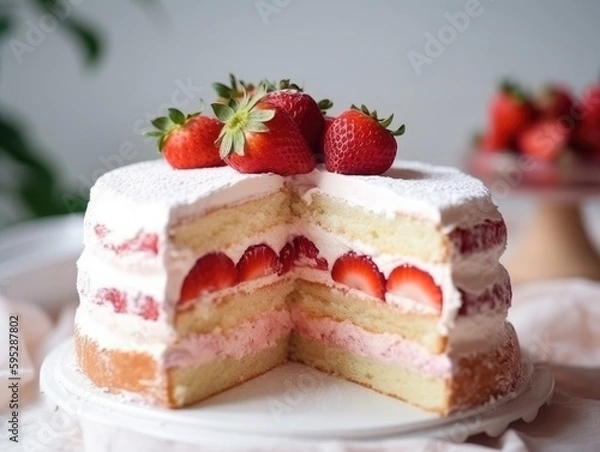 Fototapeta Strawberry sponge cake with fresh strawberries. Generative AI