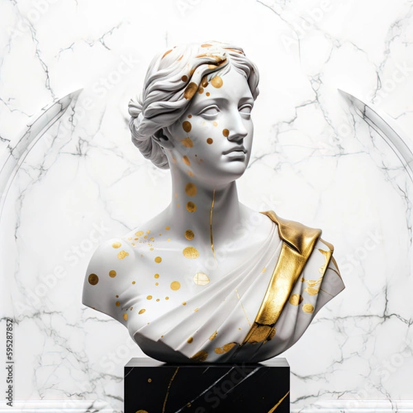 Fototapeta Une sculpture en marbre, statue d'une personne stoïcienne grecque ou romaine, représentant le stoïcisme. Avec de l'or et du noir, kintsugi