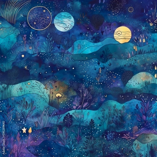 Fototapeta An enchanting, seamless pattern that weaves together a variety of celestial elements such as stars, planets, and constellations in a dreamy composition. - Generative AI, Generative, KI