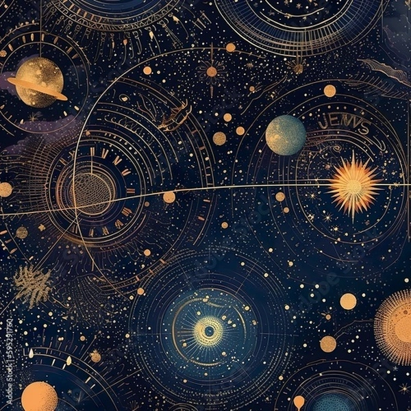 Fototapeta A mesmerizing, seamless pattern filled with celestial elements, including stars, planets, and constellations, creating a sense of wonder and exploration. - Generative AI, Generative, KI.