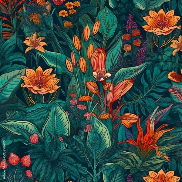 Fototapeta A vibrant, seamless pattern showcasing a lush array of tropical plants and flowers, interwoven with each other. - Generative AI, Generative, KI