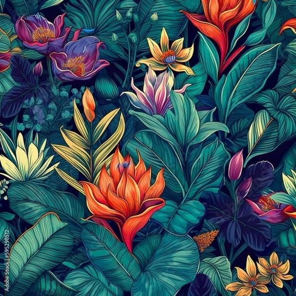 Fototapeta A vibrant, seamless pattern showcasing a lush array of tropical plants and flowers, interwoven with each other. - Generative AI, Generative, KI