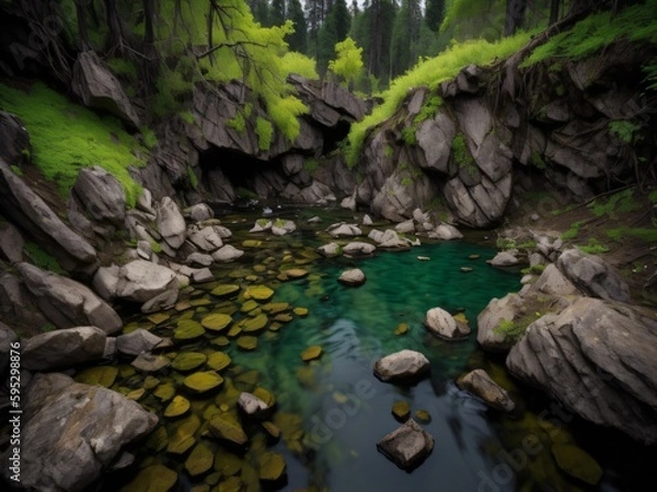 Fototapeta A serene river with a small waterfall, surrounded by rocks and green trees.