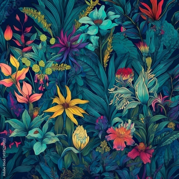 Fototapeta A vibrant, seamless pattern showcasing a lush array of tropical plants and flowers, interwoven with each other. - Generative AI, Generative, KI