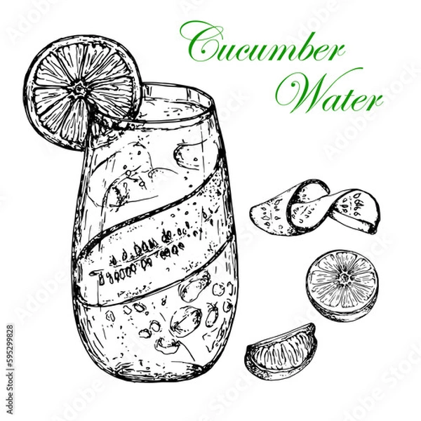 Fototapeta Cucumber water. Stackin' with a refreshing drink. Slice of cucumber and lime with mint.Vector stock illustration. Hand drawing. Black and white sketch isolated on white. For bars, cafes, menus, labels