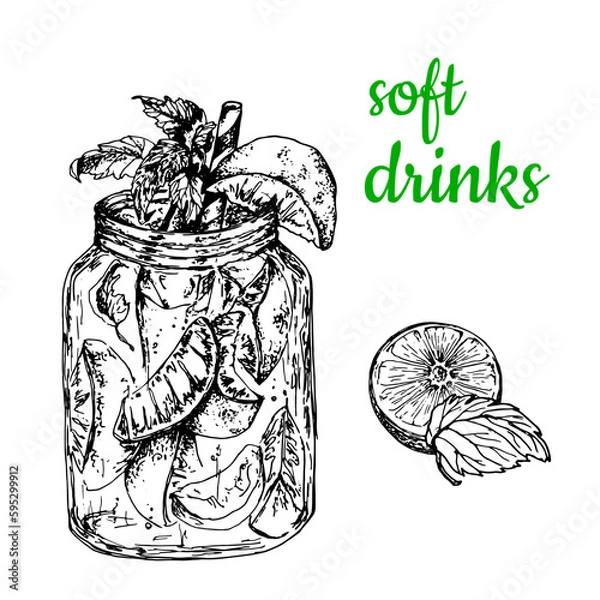 Fototapeta Refreshing orange and peach drink with mint leaves.Vector stock illustration.Soft drinks. Hand drawing. Black and white sketch isolated on white. For bars, cafes, menus, labels and healthy drinks desi
