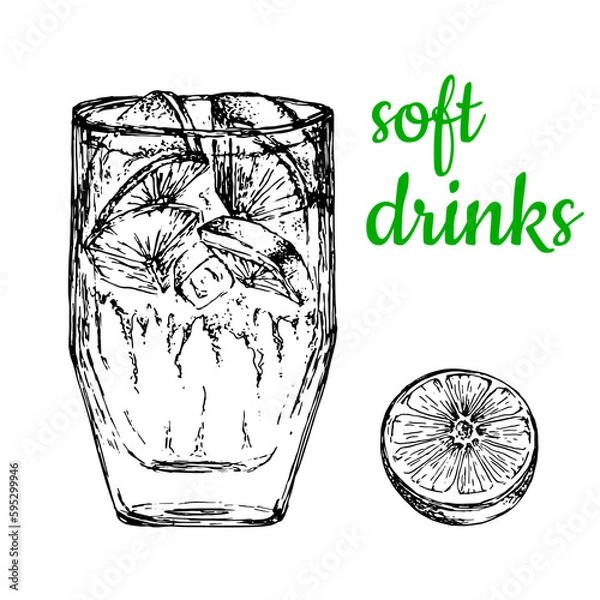 Fototapeta Refreshing drink with lime slices and ice. Lemonade in a glass. Vector illustration . Hand drawing. Black and white sketch isolated on white background. For bars, cafes, menus, glass of water with ice