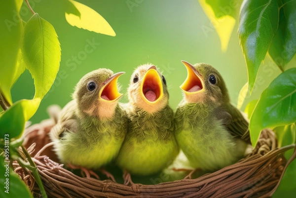 Fototapeta Baby birds with wide open mouth in the nest close-up. Sunny day, defocused background. Generative AI