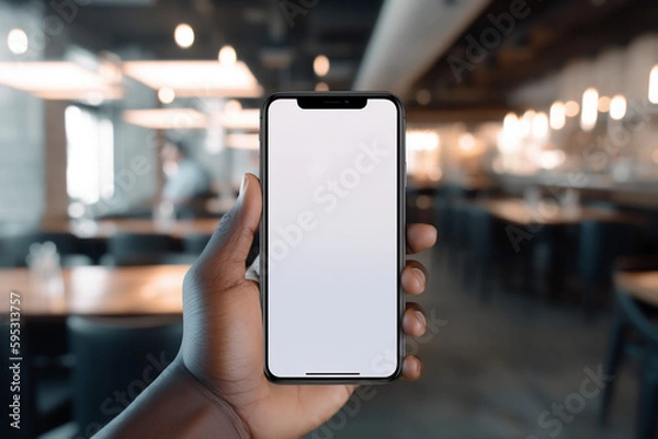 Fototapeta Hand holding phone with white screen and blurred background of a restaurant. Concept mockup for app, site, logo... Generative AI