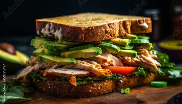 Fototapeta Grilled meat sandwich on ciabatta with avocado generated by AI