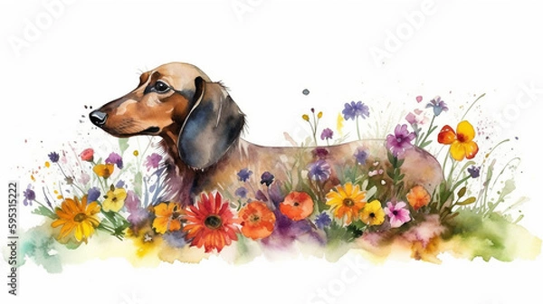 Obraz Watercolor painting of a beautiful dachshund in a colorful flower field. Ideal for art print, greeting card, springtime concepts etc. Made with generative AI.