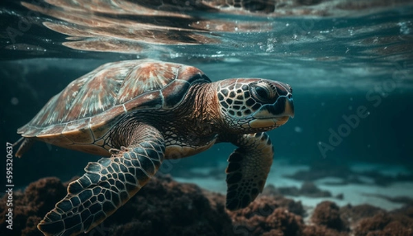 Fototapeta Large hawksbill turtle swimming in tropical reef generated by AI