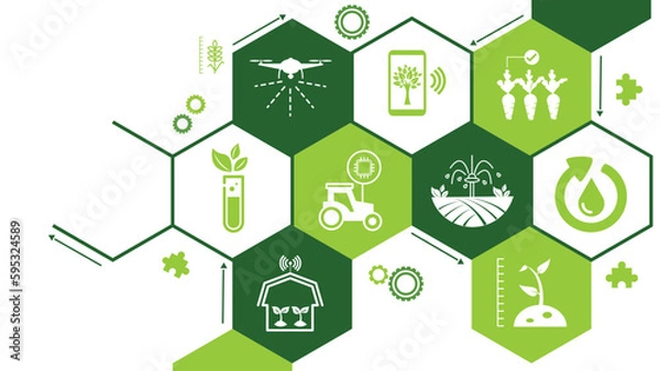 Fototapeta smart farm or agritech vector illustration. Banner with connected icons related to smart agriculture technology, digital iot farming methods and farm automation. 