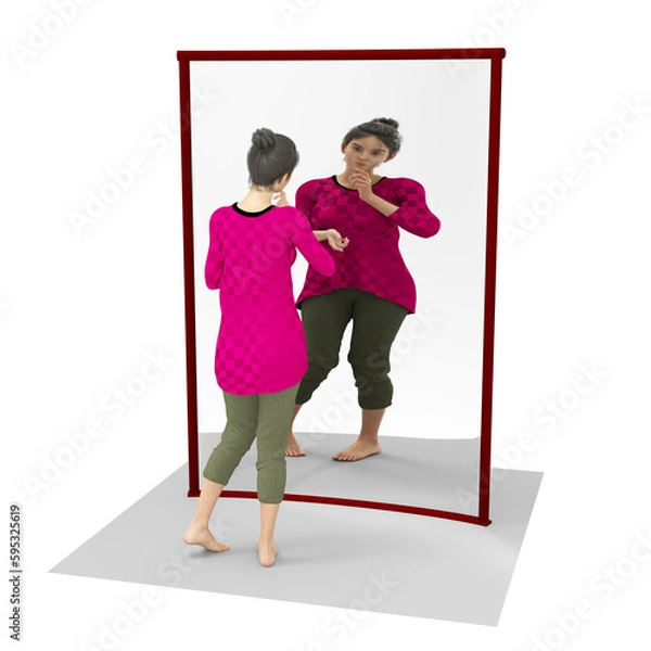 Fototapeta 3D illustration of a slim woman looking at her fatter reflection in a concave mirror.