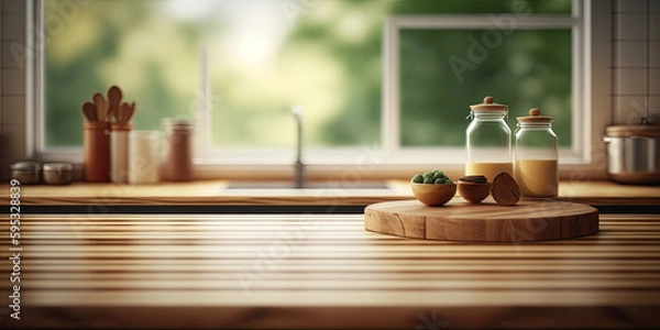 Obraz Empty wooden table with glass jar on the background of the window, Generative AI Illustration