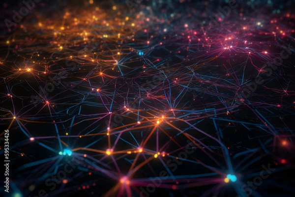 Fototapeta Advanced AI network for efficient artificial intelligence technology: interconnected pathways, a neural network, and neon colors for powerful machine learning