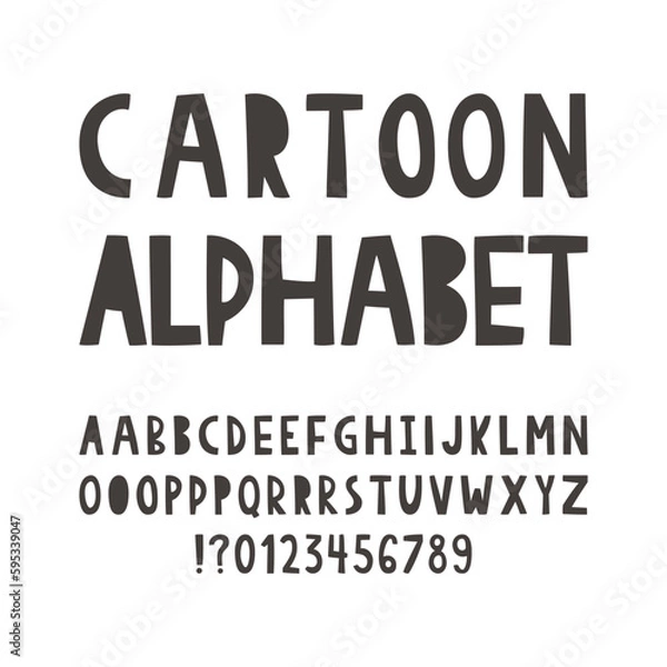 Fototapeta Hand drawn sans serif letters English ABC. Cartoon primitive kids alphabet in simple doodle style. Monochrome typography design in latin characters. Different capital letters and numbers.