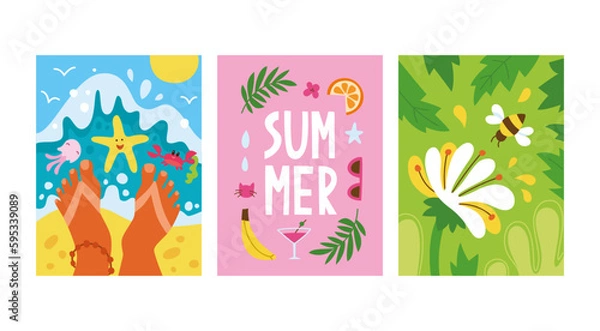 Fototapeta Vector set of bright summer cards in flat hand drawn style. Beautiful summer posters with sea, beach, foots, palm leaves, hand written text, flower, bee. Different summer themed art