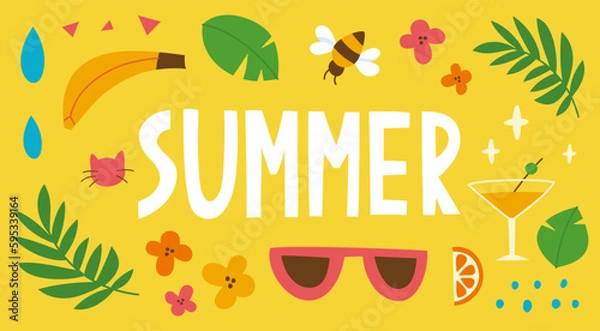 Obraz Horizontal colorful summer banner vector template. Hand drawn text summer with decorative elements on a bright background. Design for advertising, greeting card, header for website.