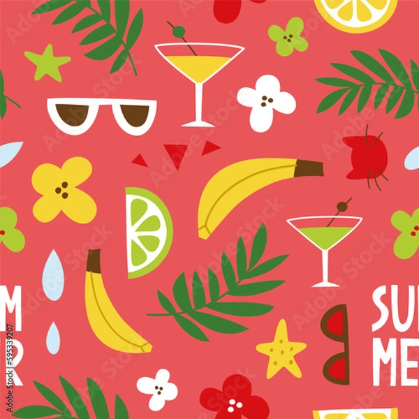 Fototapeta Vector colorful seamless pattern on the theme of summer. Hand drawn text summer with decorative elements on bright background. Design template for advertising, print, greeting card, fabric