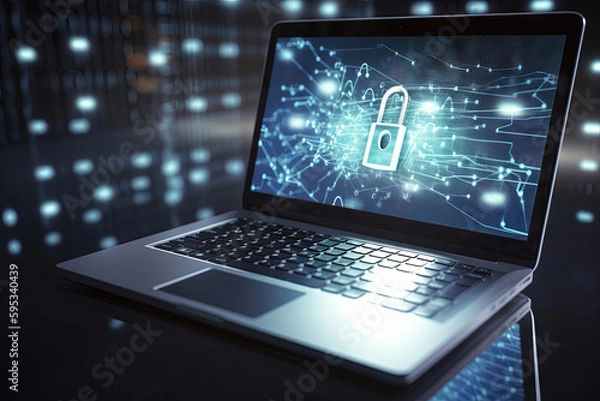 Fototapeta Cyber security, internet protection, digital data protection, internet safety, hacker safety, network safety, cyberspace, cyber crime, phishing, online safety, padlock on a laptop. Generative AI