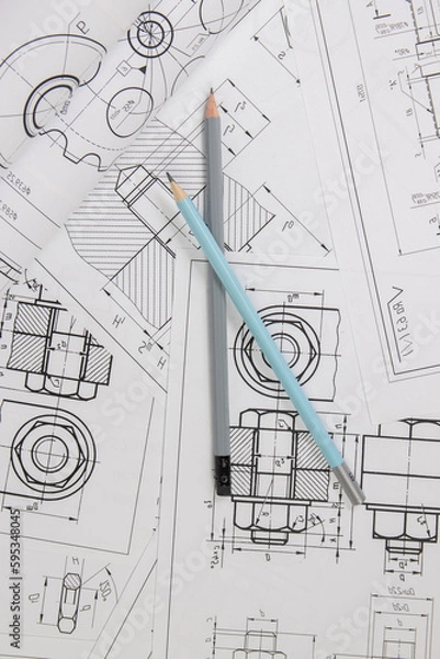 Obraz Mechanics engineering drawings and pencils