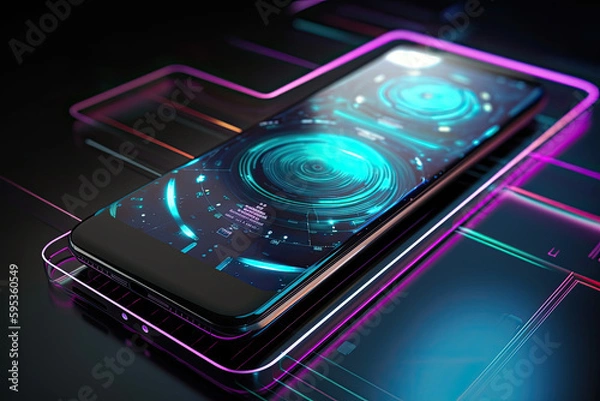 Obraz Smartphone on technology background. Neon glowing mobile phone on abstract dark background. Futuristic network connection. Created with Generative AI