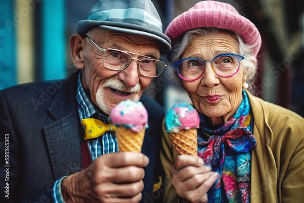 Obraz very sweet and fashionable senior couple eating icecream. generative ai