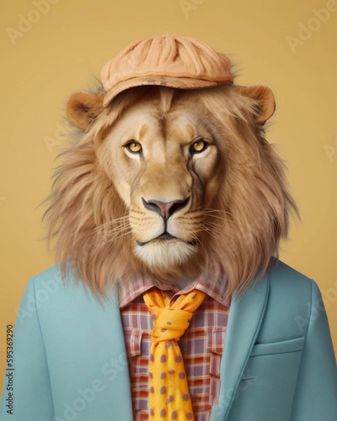 Obraz Lion in clothes, in suit, fashion and stylish retro style portrait generative ai