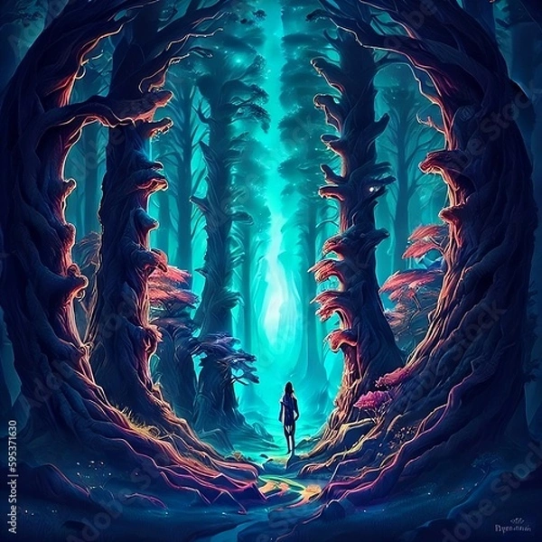 Fototapeta illustration of a person exploring a mystical forest