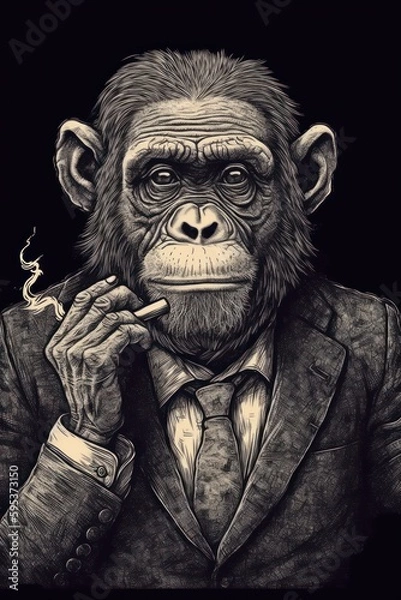 Fototapeta Portrait of a monkey gentleman wearing a great suit, he smokes, black and white illustration, generated by AI technology