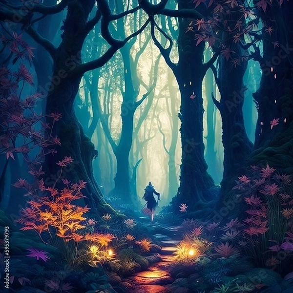 Fototapeta illustration of a person exploring a mystical forest
