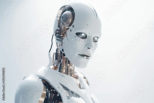 Obraz Robot, Android, Cyborg, Artificial Human, Artificial Intelligence, Half Man Half Machine, Semi Human, Artificial Human, Roboter, Bright Background. Generative AI