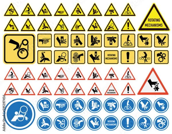 Fototapeta Set of ISO warning signs: hand crushing force. Be attentive. Hand chewing. Hand mutilation. EPS 10.
