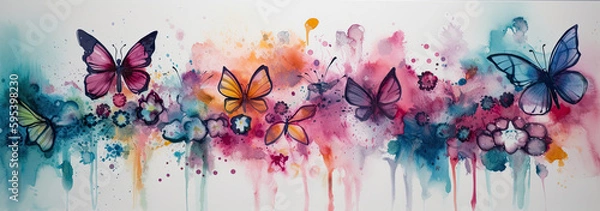 Fototapeta alcohol ink wide border of colorful daisy flowers and butterflies - Generative AI Art 