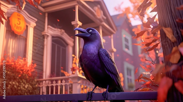 Fototapeta Spooky afternoon scene and raven looking home.Generative AI