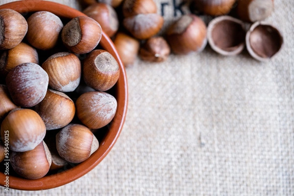Fototapeta Hazelnuts in a shell and nutshells in ceramic bowl on rustic burlap background