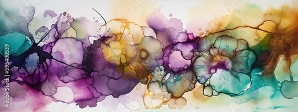 Obraz alcohol ink painting of colorful African Violet flowers in a wide border - Generative AI 